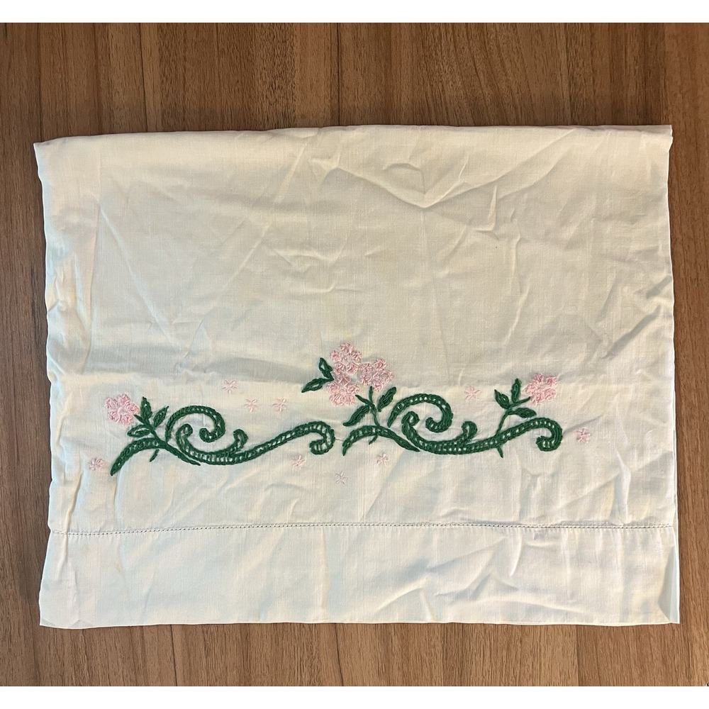 Hand Embroidered Vintage Pillowcase Floral Design 19 x 29 Cottage Granny Core